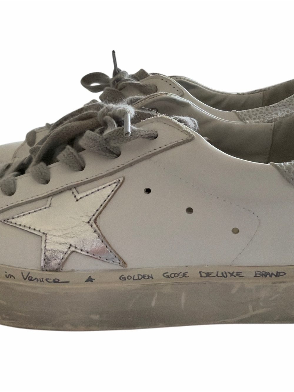 Golden Goose Hi Star Leather Platform Sneakers Silver Cracked Silver Star - Picture 4 of 6